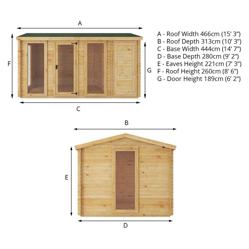 Adley 4.6m x 3m Dorset Log Cabin With Side Shed - 19mm | Sheds.co.uk