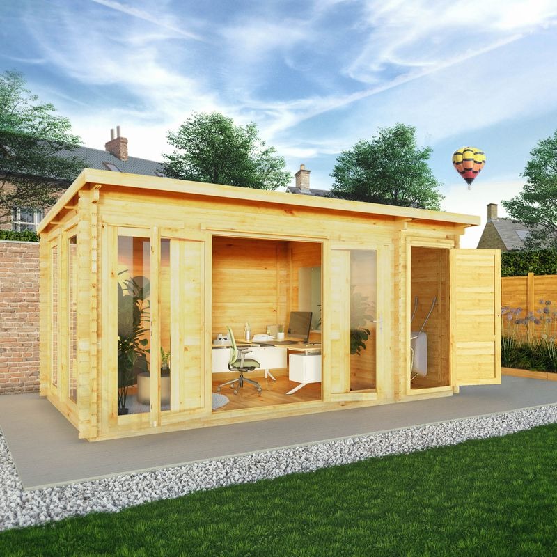 Adley 5.1m x 3m Alpha Pent Log Cabin With Side Shed - 28mm | Sheds.co.uk