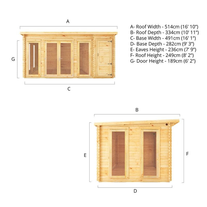 Adley 5.1m x 3m Alpha Pent Log Cabin With Side Shed - 28mm