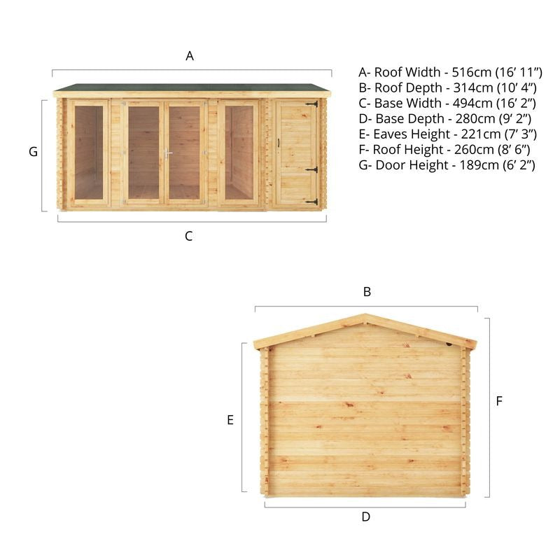 Adley 5.1m x 3m Bravo Home Office Log Cabin With Side Shed - 28mm