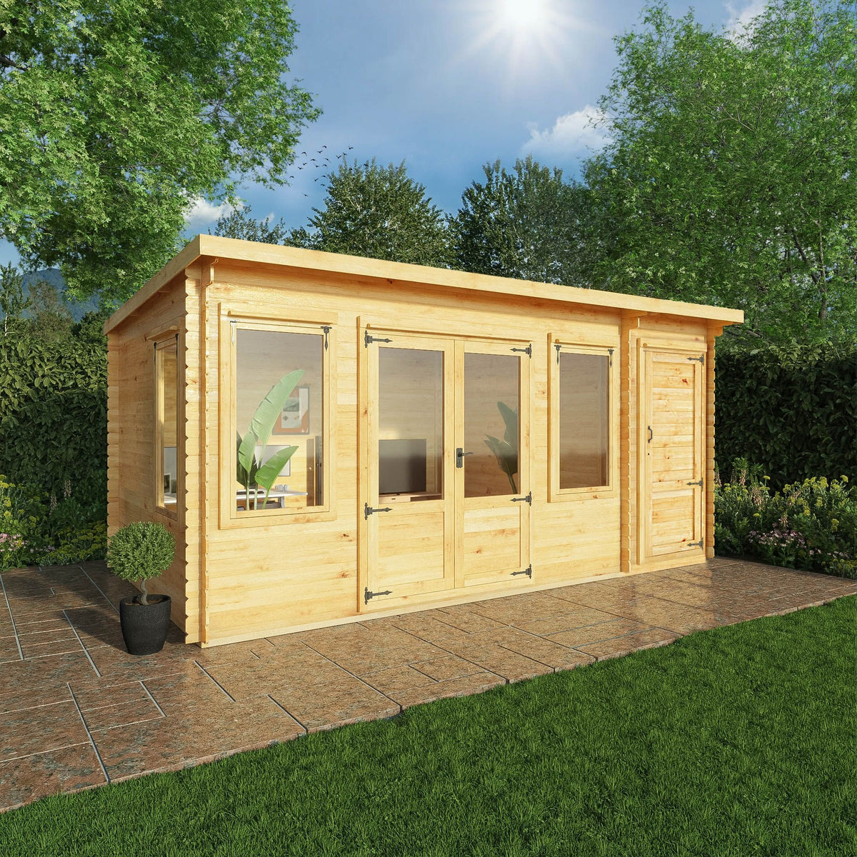 Adley 5.1m x 3m Hereford Log Cabin With Side Shed - 19mm | Sheds.co.uk