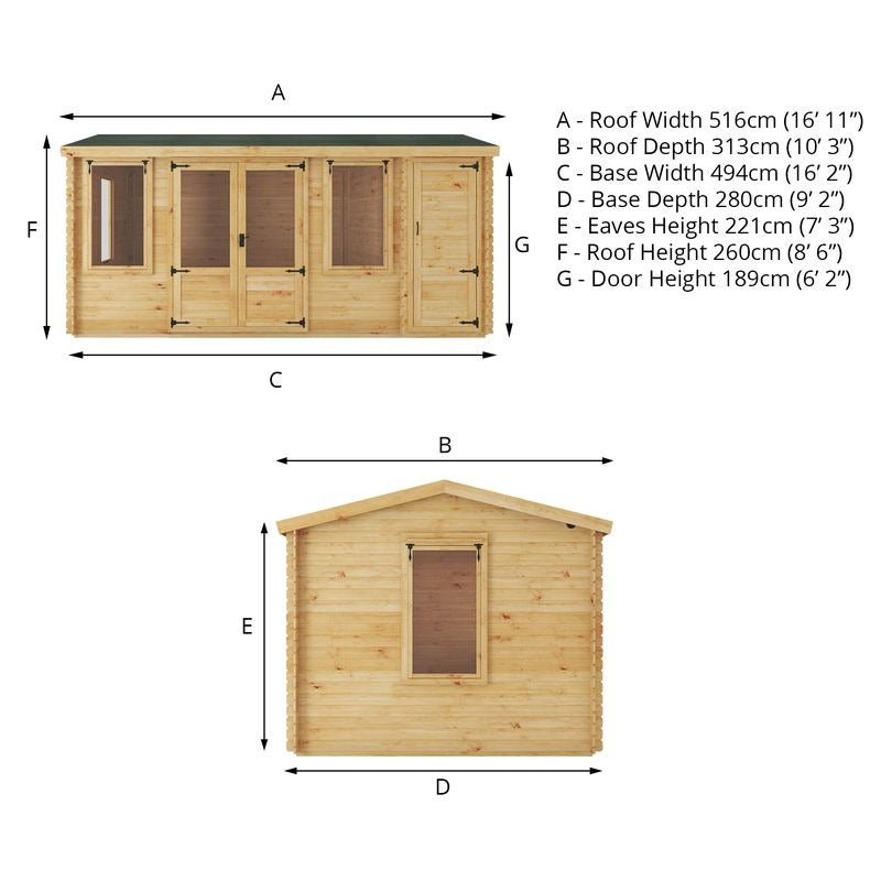 Adley 5.1m x 3m Westmorland Log Cabin With Side Shed - 19mm