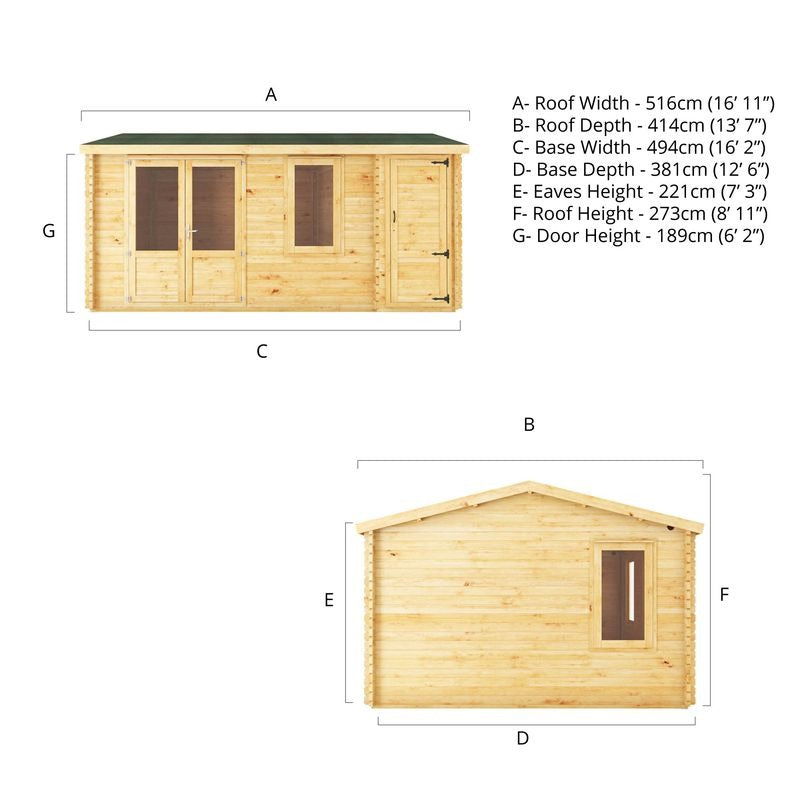 Adley 5.1m x 4m Delta Home Office Log Cabin With Side Shed - 28mm