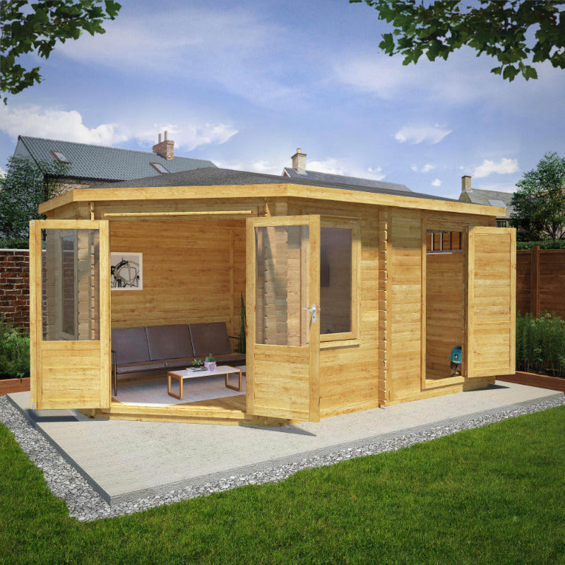 Adley 5m x 3m Dorchester Corner Log Cabin With Side Shed - 28mm | Sheds.co.uk
