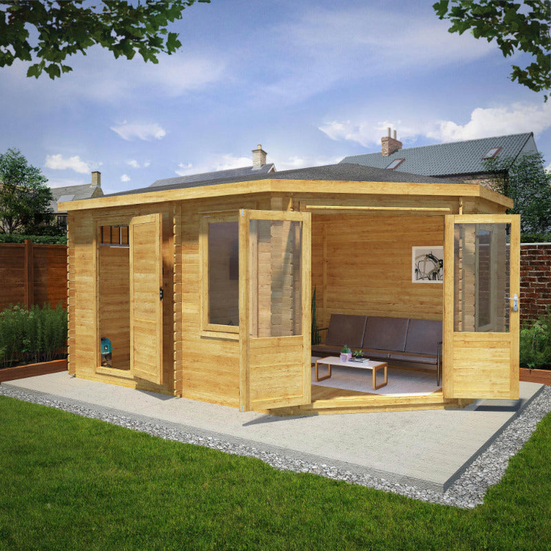 Adley 5m x 3m Dorchester Corner Log Cabin With Side Shed - 28mm | Sheds.co.uk