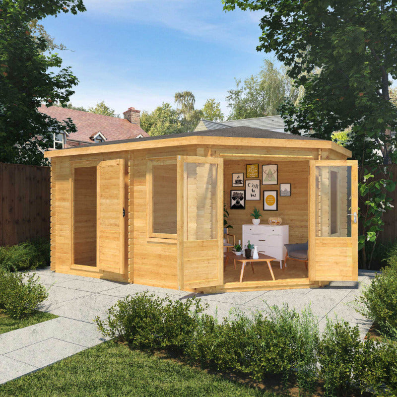 Adley 5m x 3m Dorchester Corner Log Cabin With Side Shed - 28mm | Sheds.co.uk