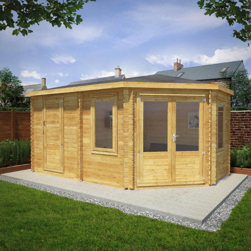Adley 5m x 3m Dorchester Corner Log Cabin With Side Shed - 28mm | Sheds.co.uk