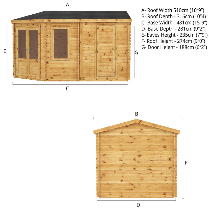 Adley 5m x 3m Dorchester Corner Premium Log Cabin With Side Shed - 44mm