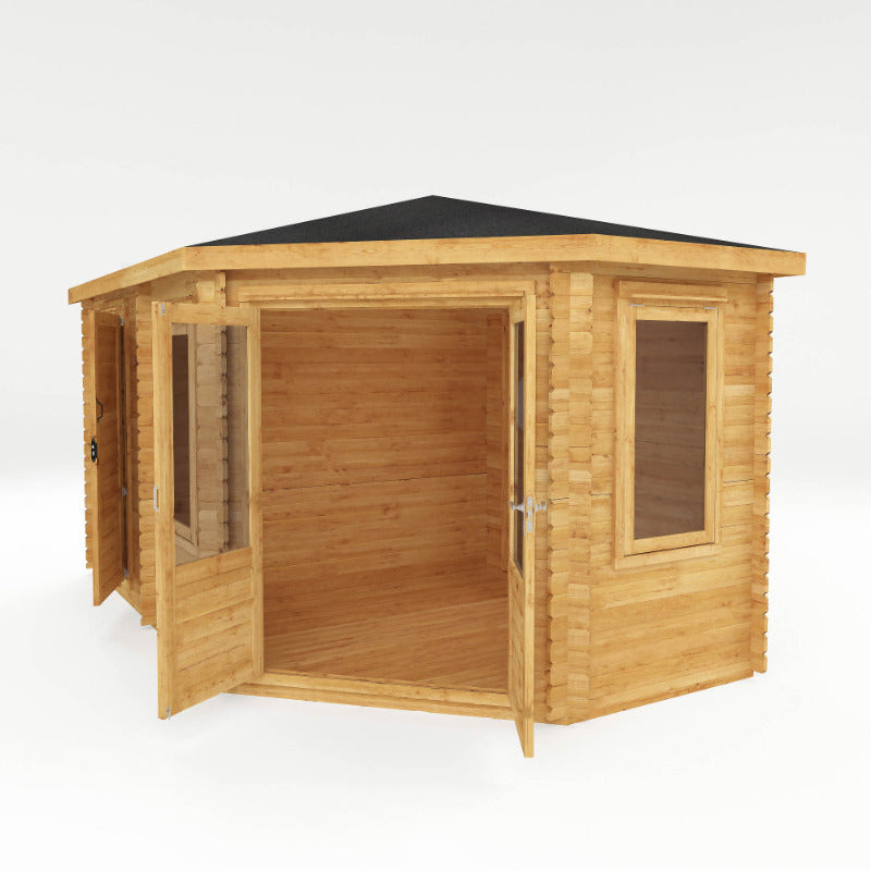 Adley 5m x 3m Dorchester Corner Premium Log Cabin With Side Shed - 44mm | Sheds.co.uk