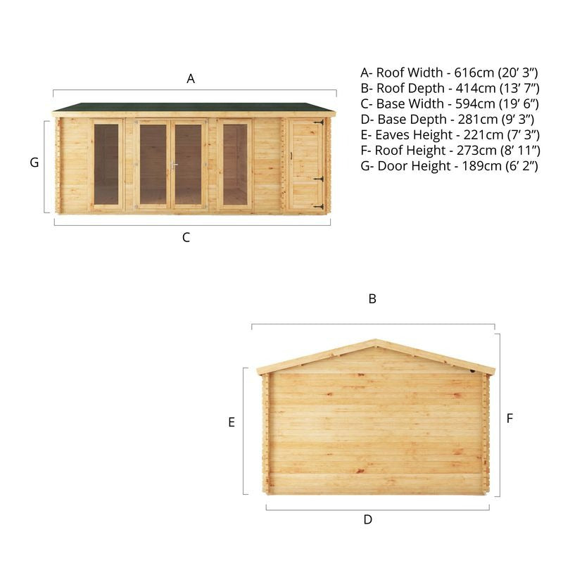 Adley 6.1m x 4m Bravo Home Office Log Cabin With Side Shed - 28mm