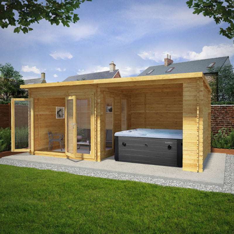 Adley 6m x 3m Alpha Log Cabin With Outdoor Area- 28mm | Sheds.co.uk