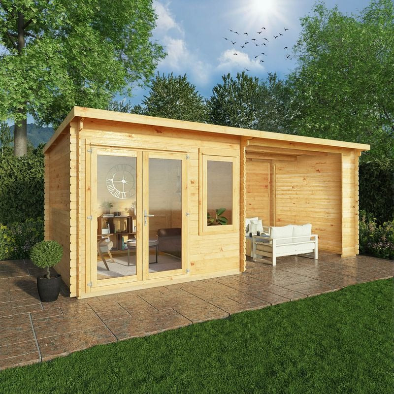 Adley 6m x 3m Quebec Pent Log Cabin With Patio Area - 28mm | Sheds.co.uk