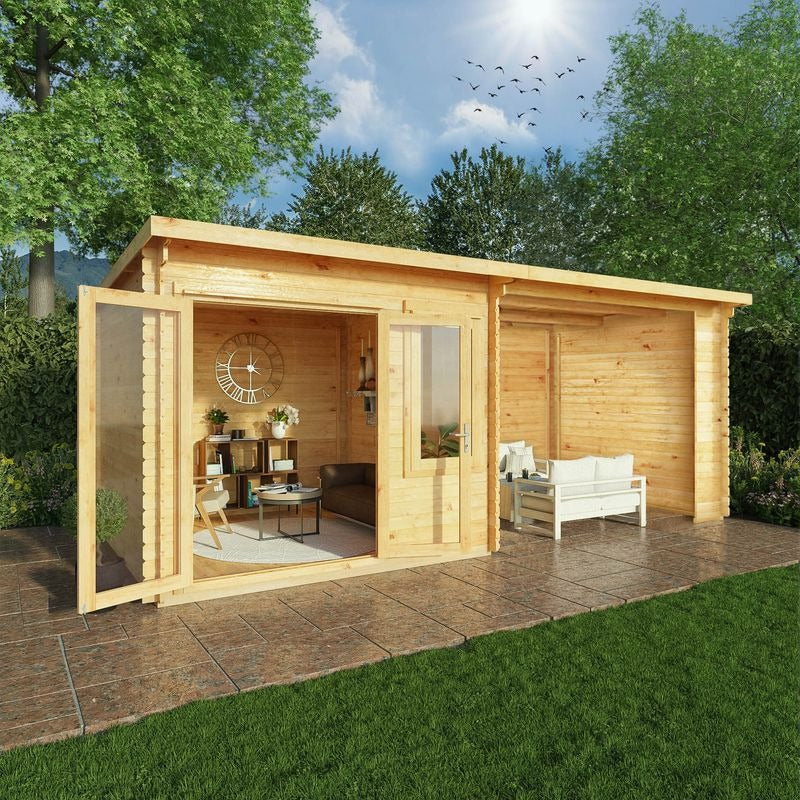 Adley 6m x 3m Quebec Pent Log Cabin With Patio Area - 28mm | Sheds.co.uk
