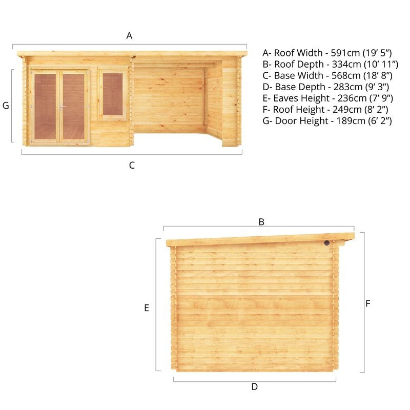 Adley 6m x 3m Quebec Pent Log Cabin With Patio Area - 28mm