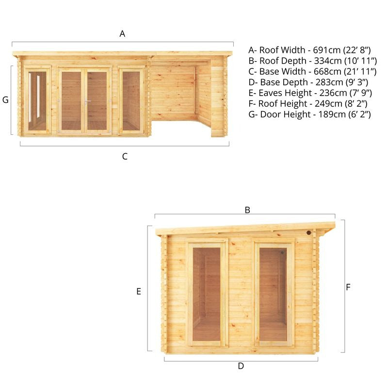 Adley 7m x 3m Alpha Pent Log Cabin With Patio Area - 28mm | Sheds.co.uk