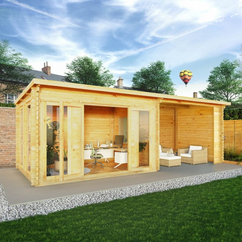 Adley 7m x 3m Alpha Pent Log Cabin With Patio Area - 44mm | Sheds.co.uk