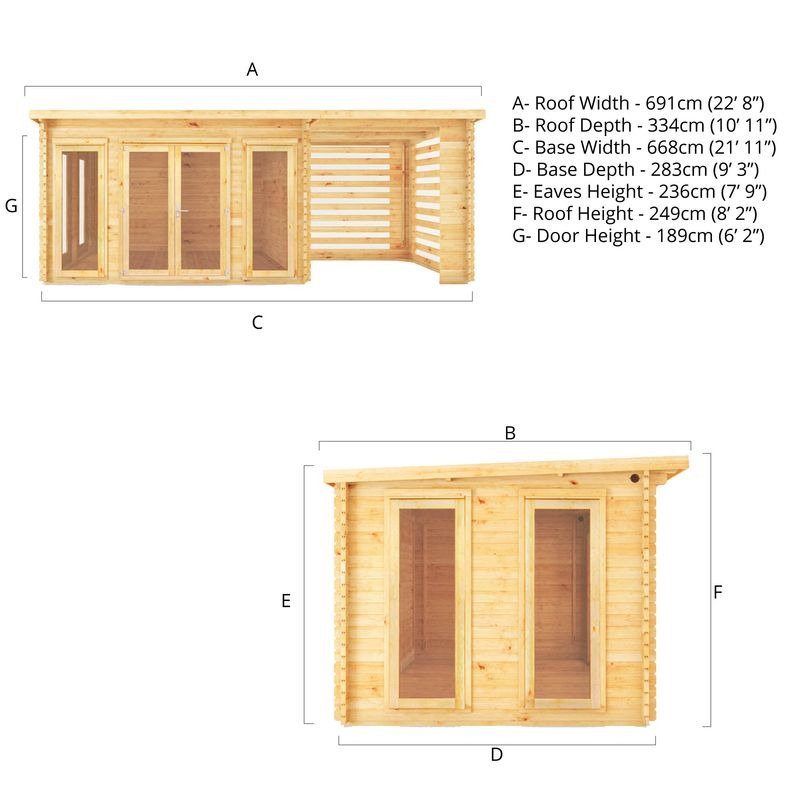 Adley 7m x 3m Alpha Pent Log Cabin With Slatted Area - 28mm | Sheds.co.uk