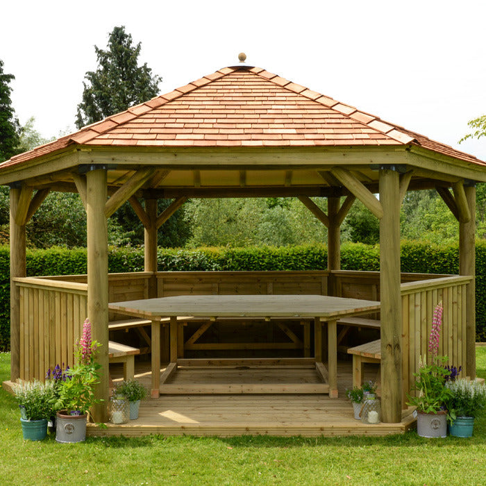 Hartwood 4.7m Premium Hexagonal Gazebo With Cedar Roof | Sheds.co.uk