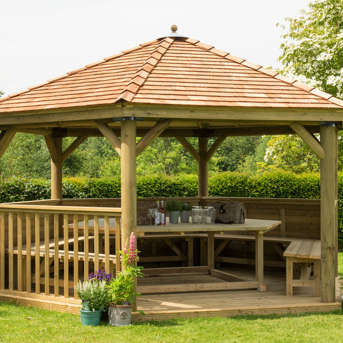Hartwood 4.7m Premium Hexagonal Gazebo With Cedar Roof | Sheds.co.uk