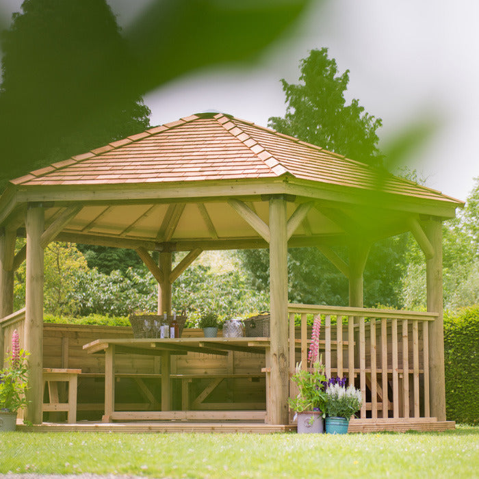 Hartwood 4.7m Premium Hexagonal Gazebo With Cedar Roof | Sheds.co.uk