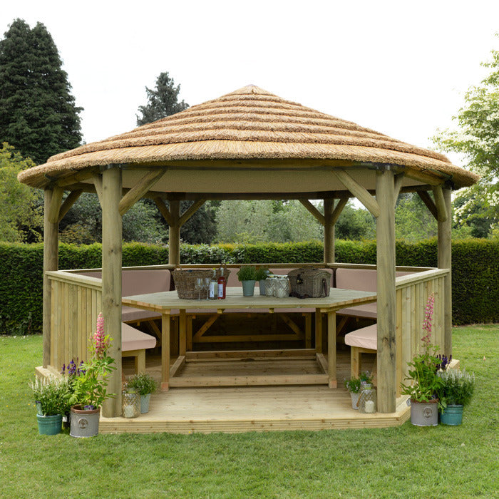 Hartwood 4.7m Premium Hexagonal Gazebo With Country Thatch Roof & Lining | Sheds.co.uk