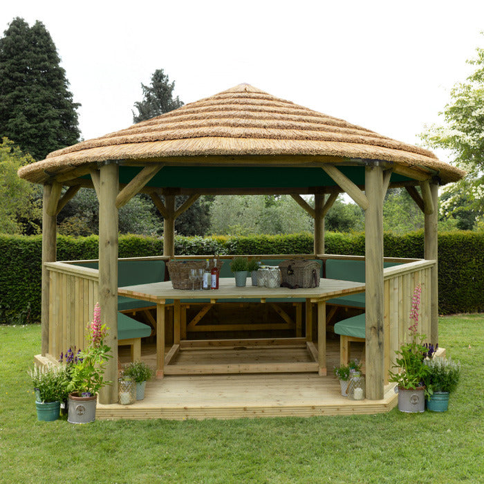 Hartwood 4.7m Premium Hexagonal Gazebo With Country Thatch Roof & Lining | Sheds.co.uk