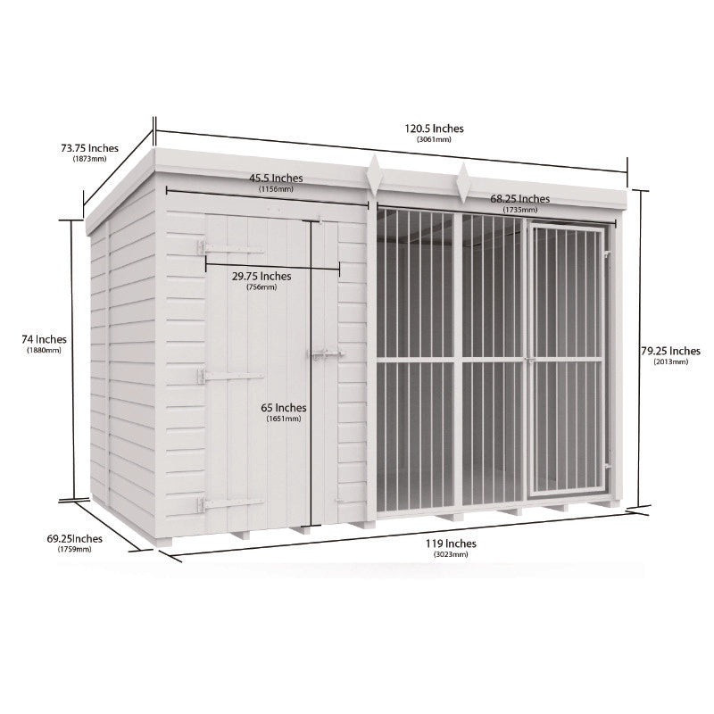 Holt 10' x 6' Pressure Treated Shiplap Full Height Dog Kennel And Run With Bars | Sheds.co.uk