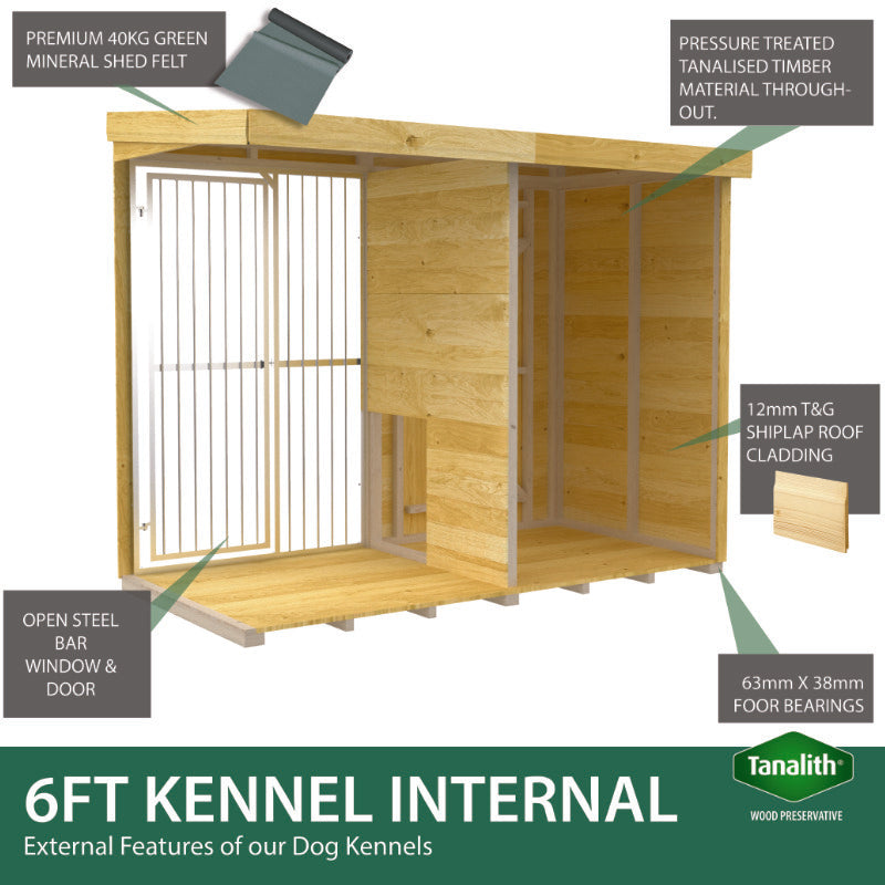 Holt 12' x 6' Pressure Treated Shiplap Full Height Dog Kennel And Run With Bars | Sheds.co.uk