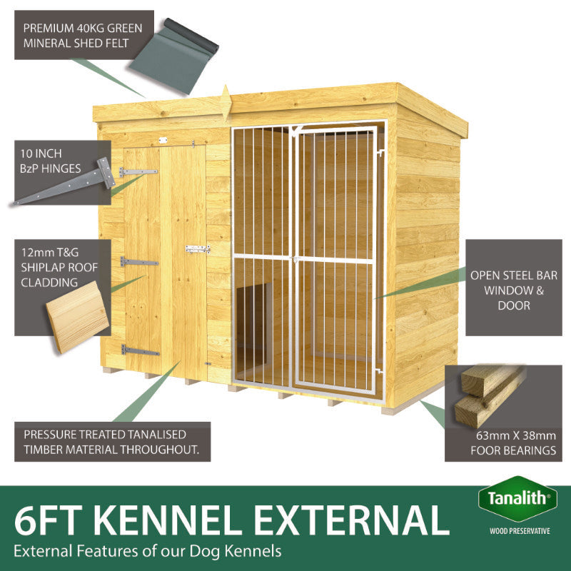 Holt 8' x 6' Pressure Treated Shiplap Full Height Dog Kennel And Run With Bars | Sheds.co.uk