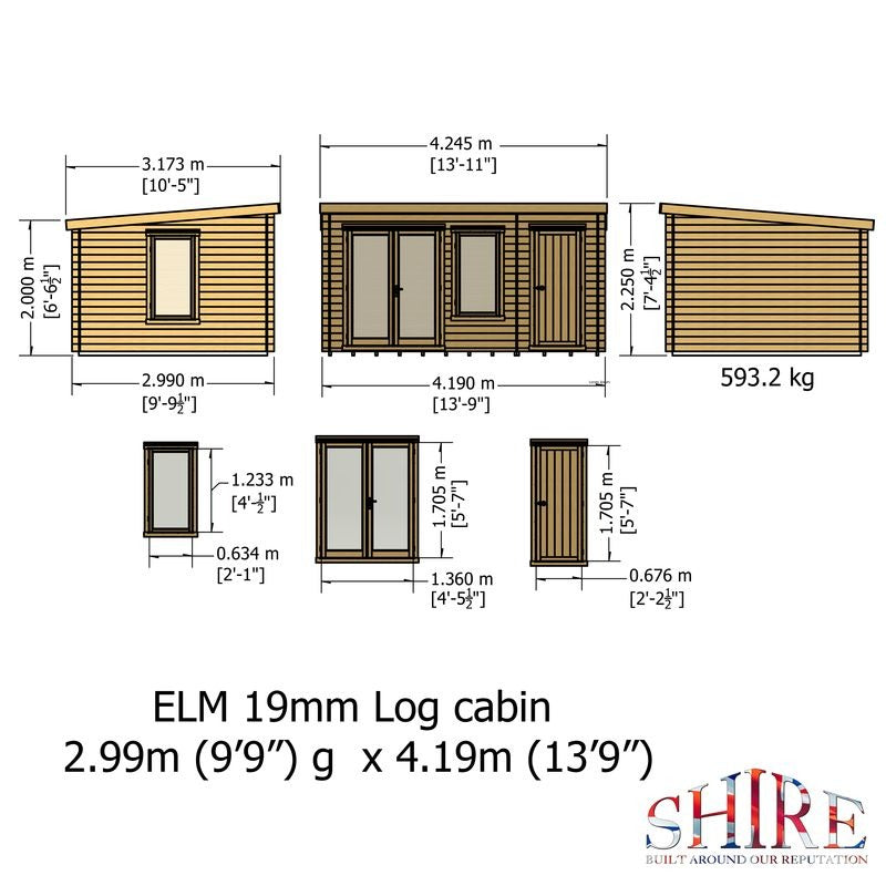 Loxley 4.2m x 3.2m Frome Log Cabin With Side Shed - 19mm