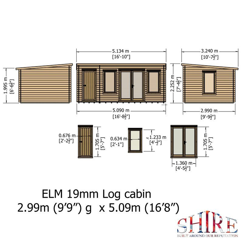 Loxley 5.1m x 3.2m Frome Log Cabin With Side Shed - 19mm | Sheds.co.uk