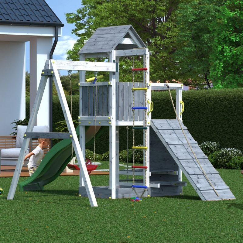 Loxley 13' x 9' Climbing Frame Tower With Swing & Slide - Grey & White | Sheds.co.uk