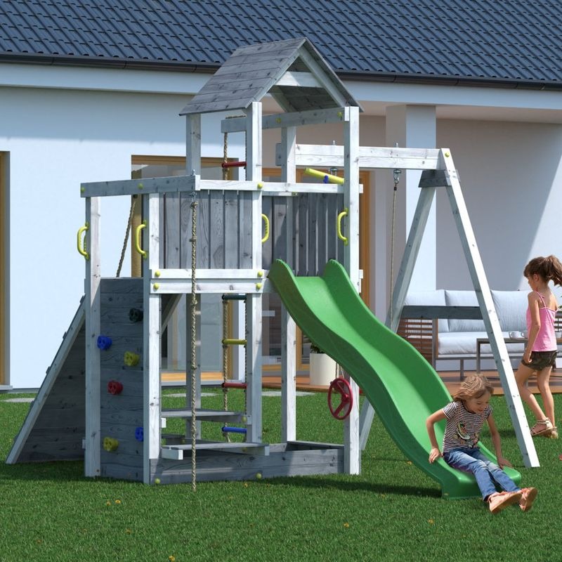 Loxley 13' x 9' Climbing Frame Tower With Swing & Slide - Grey & White | Sheds.co.uk