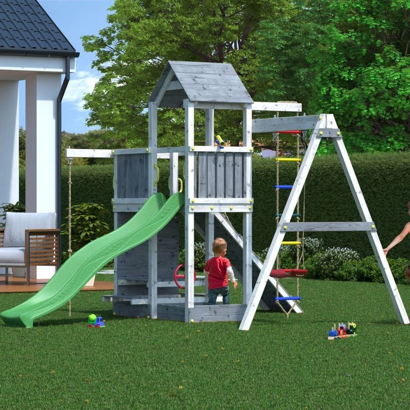 Loxley 13' x 9' Climbing Frame Tower With Swing & Slide - Grey & White | Sheds.co.uk