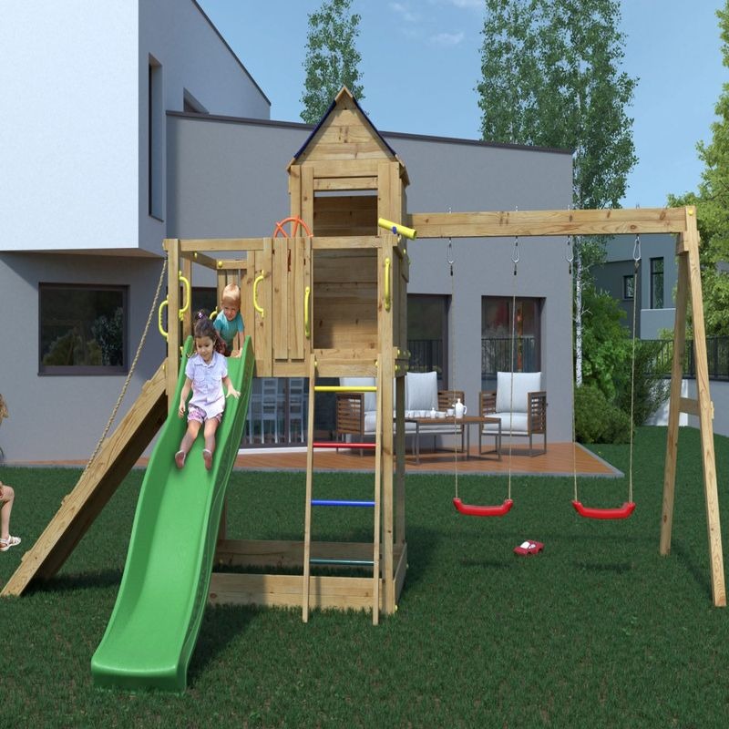 Loxley 14' x 16' Climbing Frame With Double Swing & Slide | Sheds.co.uk