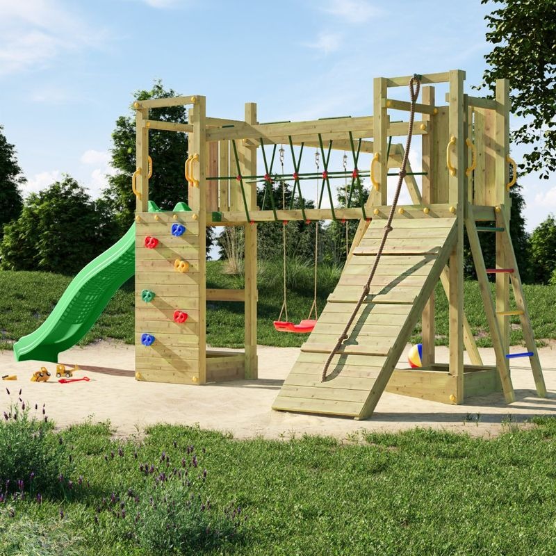 Loxley 17' x 13' Climbing Frame With Double Tower, Double Swing & Slide | Sheds.co.uk