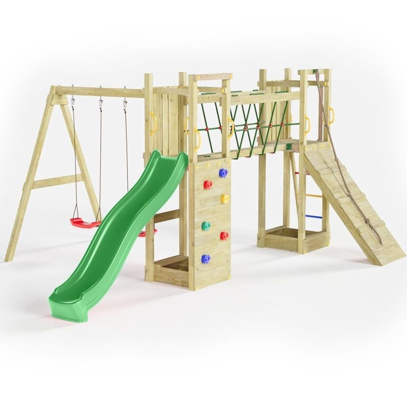 Loxley 17' x 13' Climbing Frame With Double Tower, Double Swing & Slide | Sheds.co.uk