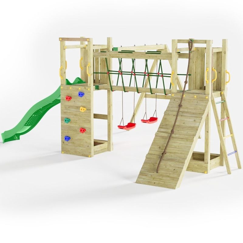 Loxley 17' x 13' Climbing Frame With Double Tower, Double Swing & Slide | Sheds.co.uk