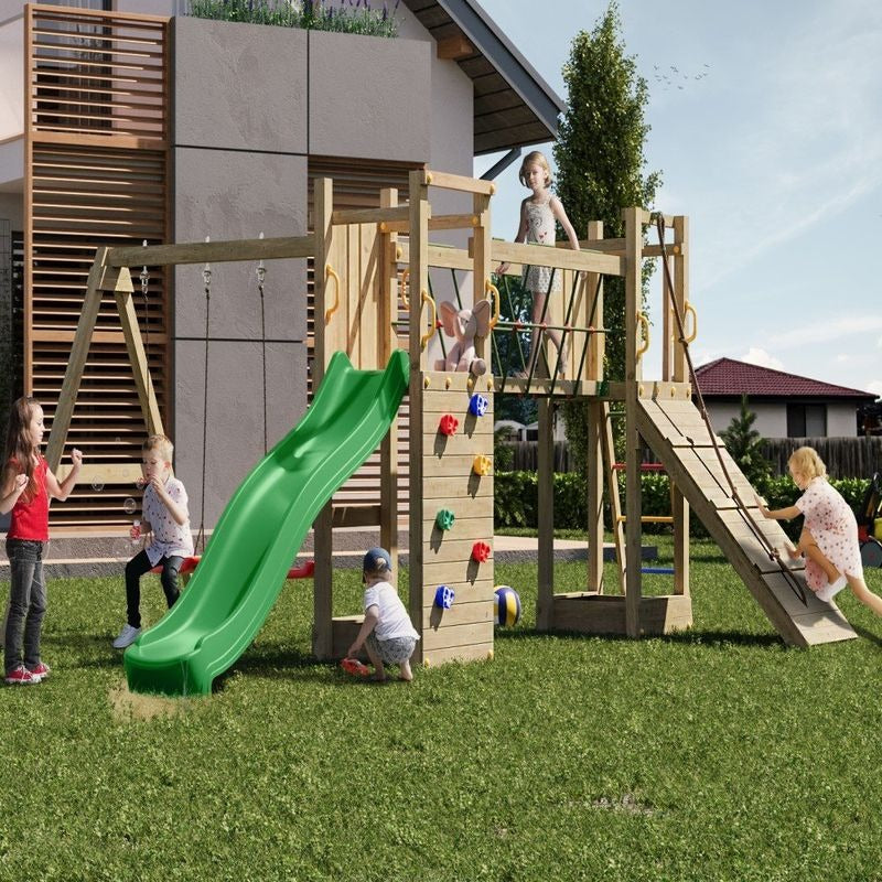 Loxley 17' x 13' Climbing Frame With Double Tower, Double Swing & Slide | Sheds.co.uk