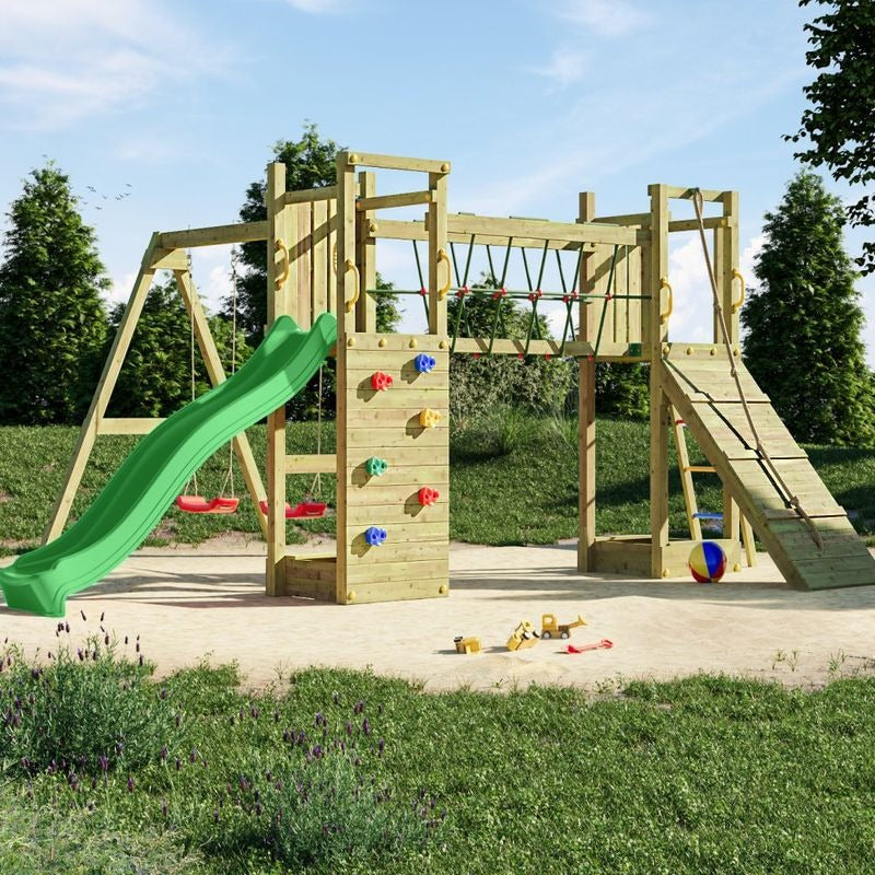 Loxley 17' x 13' Climbing Frame With Double Tower, Double Swing & Slide | Sheds.co.uk