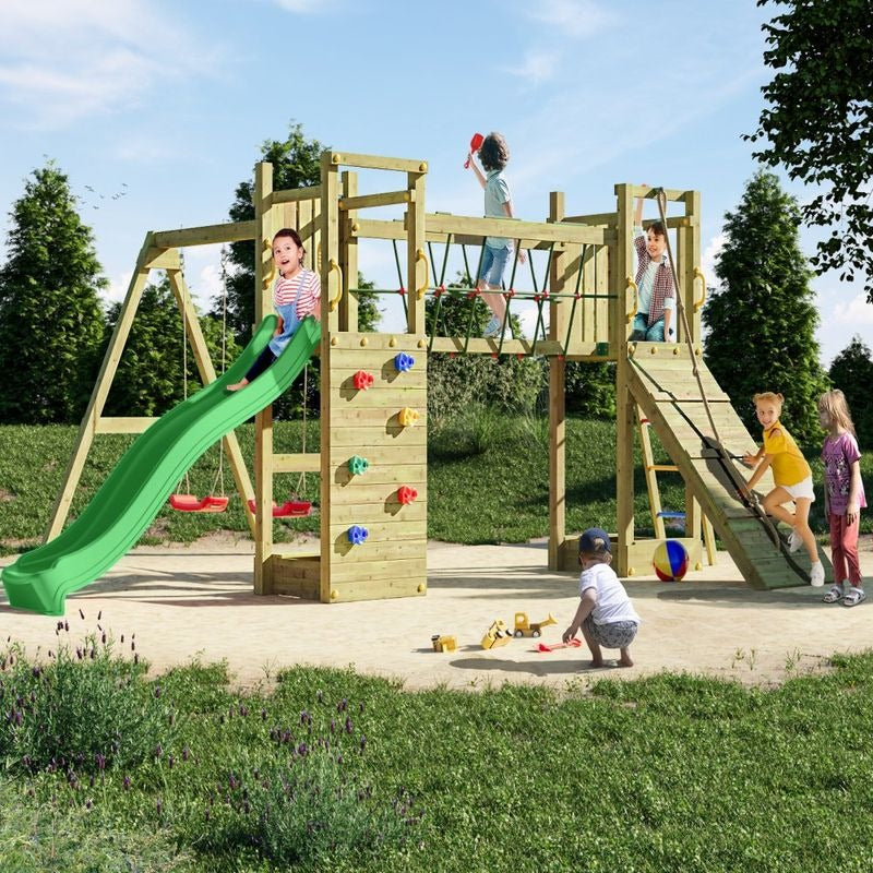 Loxley 17' x 13' Climbing Frame With Double Tower, Double Swing & Slide | Sheds.co.uk