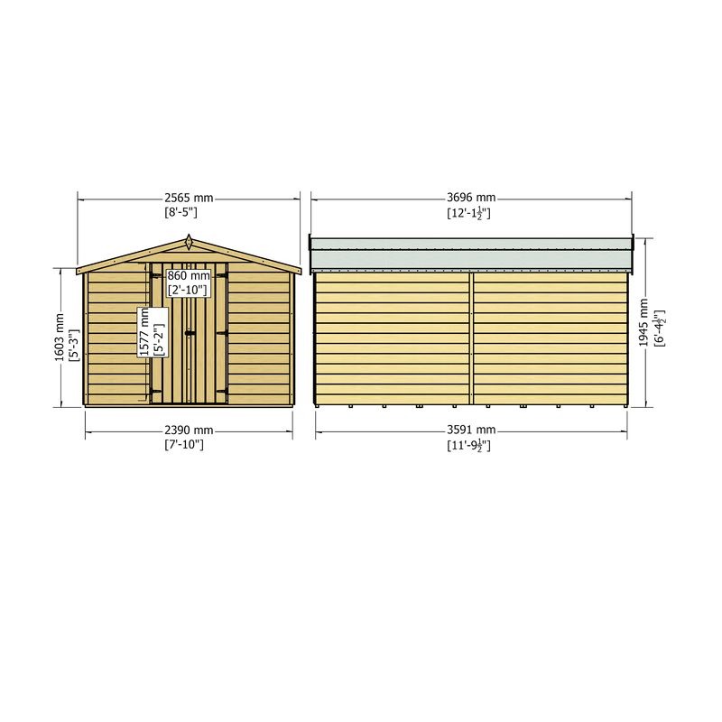 Loxley 8' x 12' Windowless Double Door Overlap Apex Shed | Sheds.co.uk