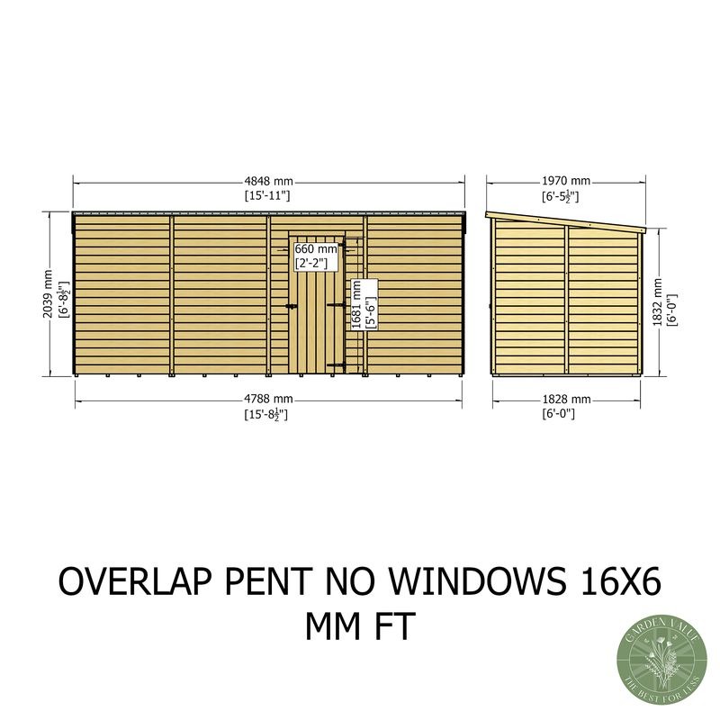 Loxley 16' x 6' Windowless Overlap Pent Shed