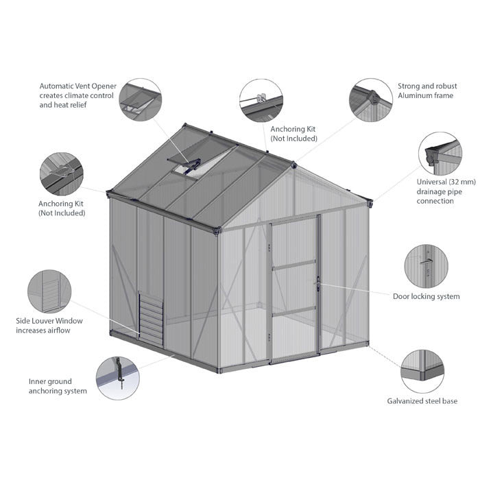 Palram - Canopia 8' x 8' Glory Anthracite Polycarbonate Greenhouses | Sheds.co.uk
