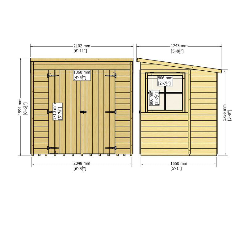 Loxley 7' x 5' Double Door Shiplap Pent Shed | Sheds.co.uk
