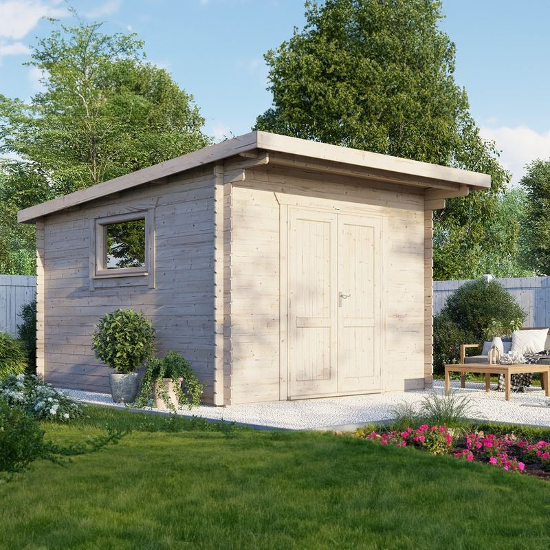 Powersheds 12' x 14' Pent Workshop Log Cabin - 28mm - Centre Door | Sheds.co.uk