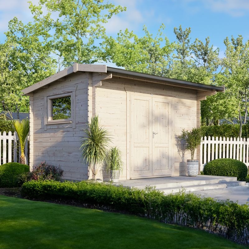 Powersheds 14' x 10' Apex Workshop Log Cabin - 28mm - Centre Door | Sheds.co.uk