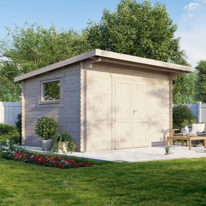 Powersheds 14' x 12' Pent Workshop Log Cabin - 28mm - Centre Door | Sheds.co.uk