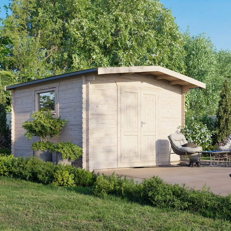 Powersheds 14' x 14' Chalet Workshop Log Cabin - 28mm - Centre Door | Sheds.co.uk