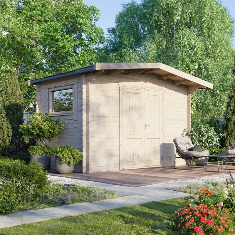 Powersheds 14' x 8' Chalet Workshop Log Cabin - 28mm - Centre Door | Sheds.co.uk